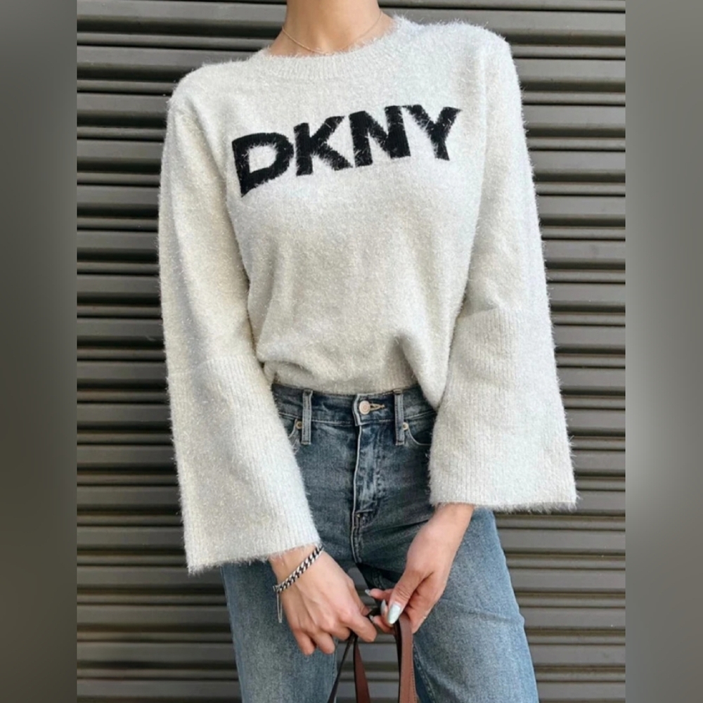 NEW DKNY Women's Fuzzy Sweater - Cream and Black Scoop Neck Metallic Size S